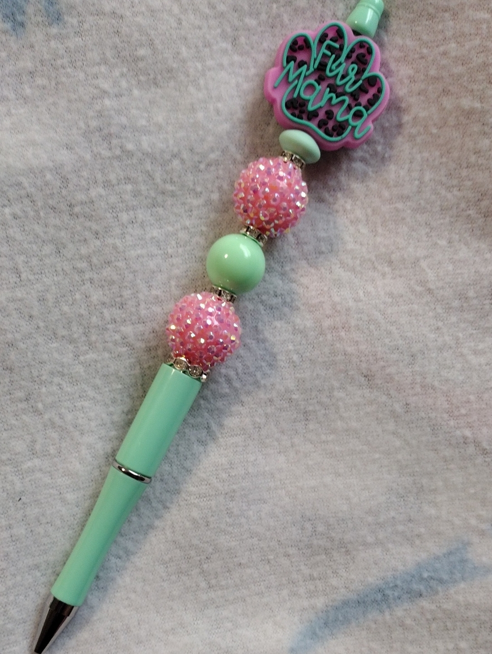 Mint and Pink Beaded Pen - 'Fur Mama' Charm